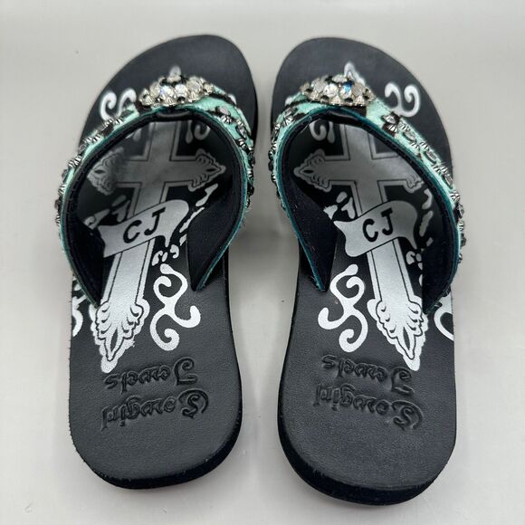 Cowgirl Jewels Rhinestone Turquoise Black Leather Flip Flop Sandals Size 8 - Picture 7 of 9